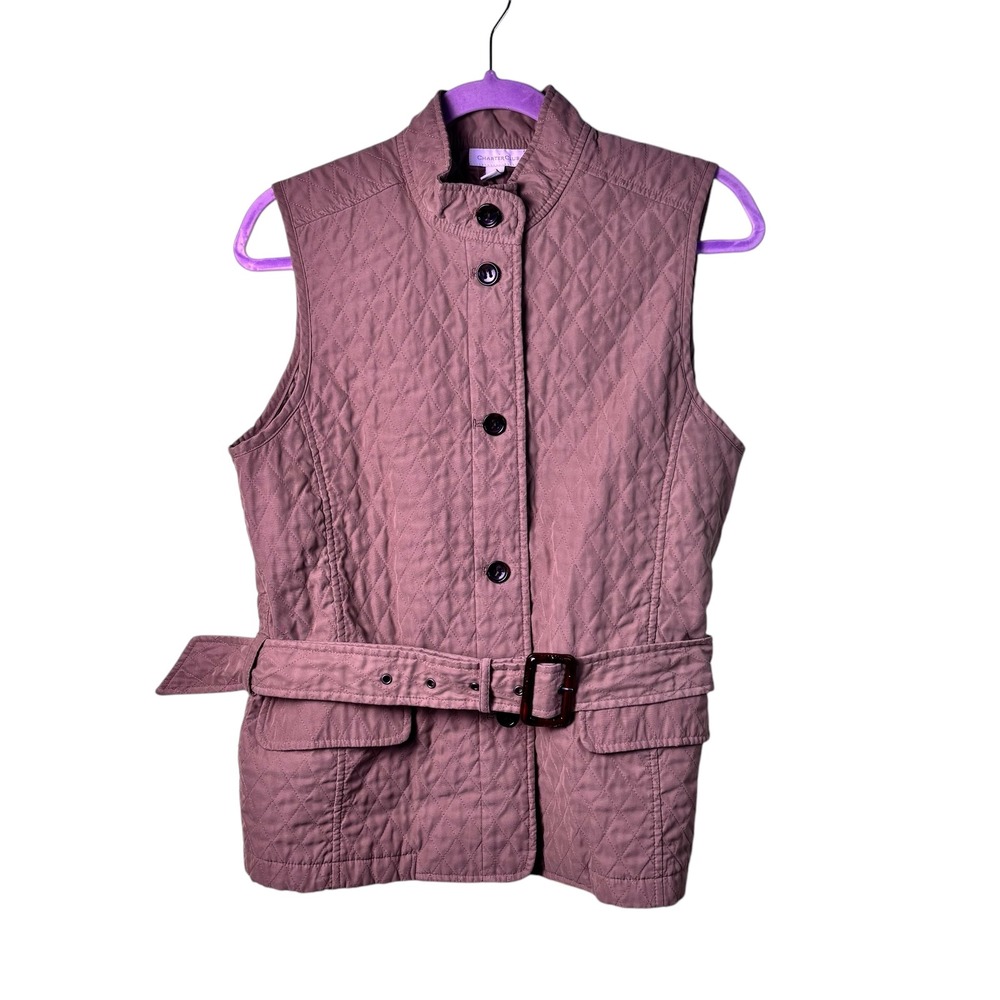 Charter Club Quilted Vest Women's Button Down Belted Khaki Fall Layering‎